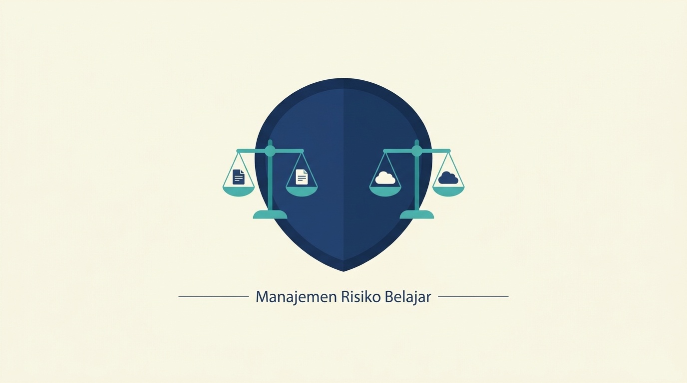 Ilustrasi perisai dan diagram timbangan untuk konsep manajemen risiko